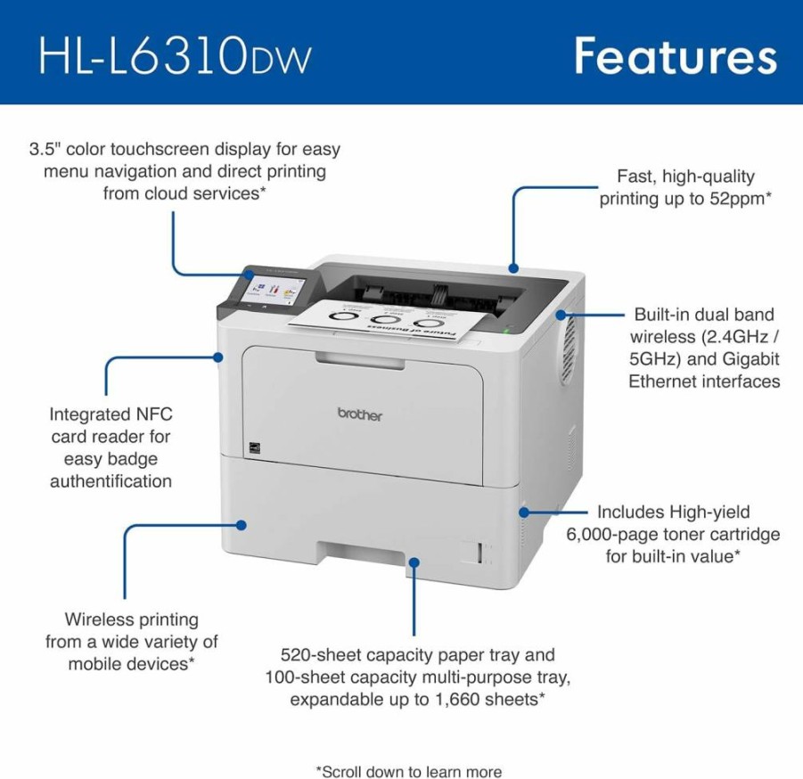Brother HL-L6310DW Wireless Monochrome Laser Printer with High-Yield Toner, Alexa Compatibility, Duplex Printing & Large Paper Capacity