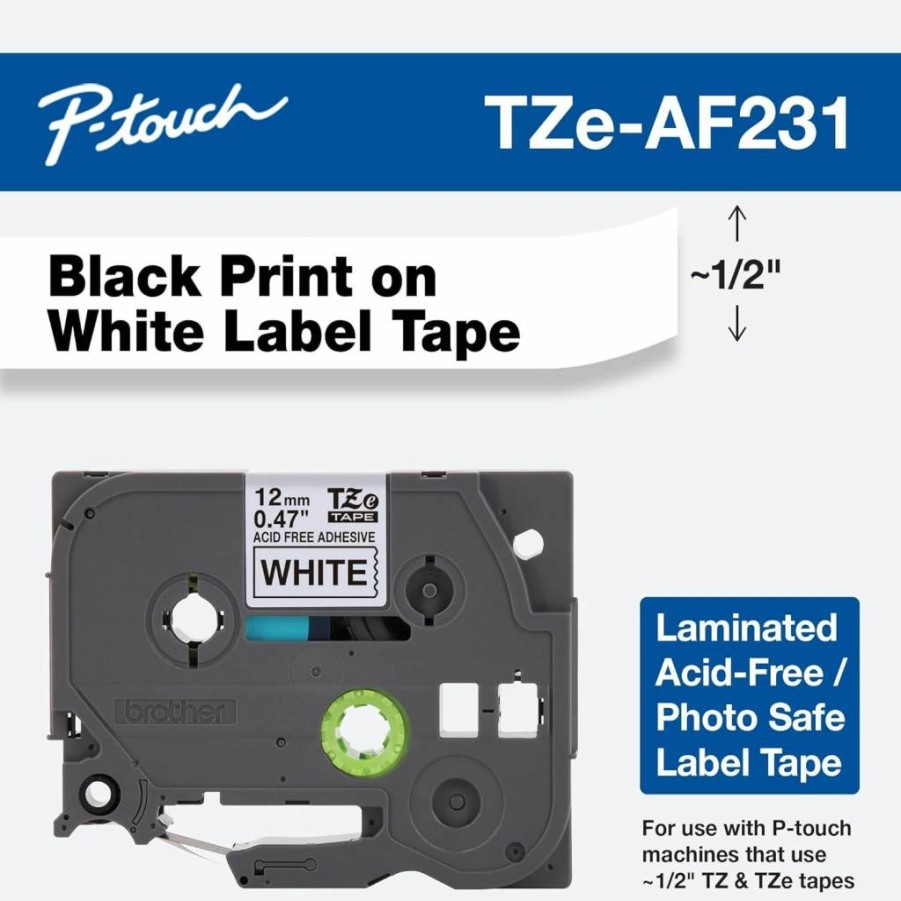 Brother Genuine TZE231 1/2-Inch Black on White Label Tape, 2-Pack (12mm x 8m Each, Total 16m) for Brother Label Makers