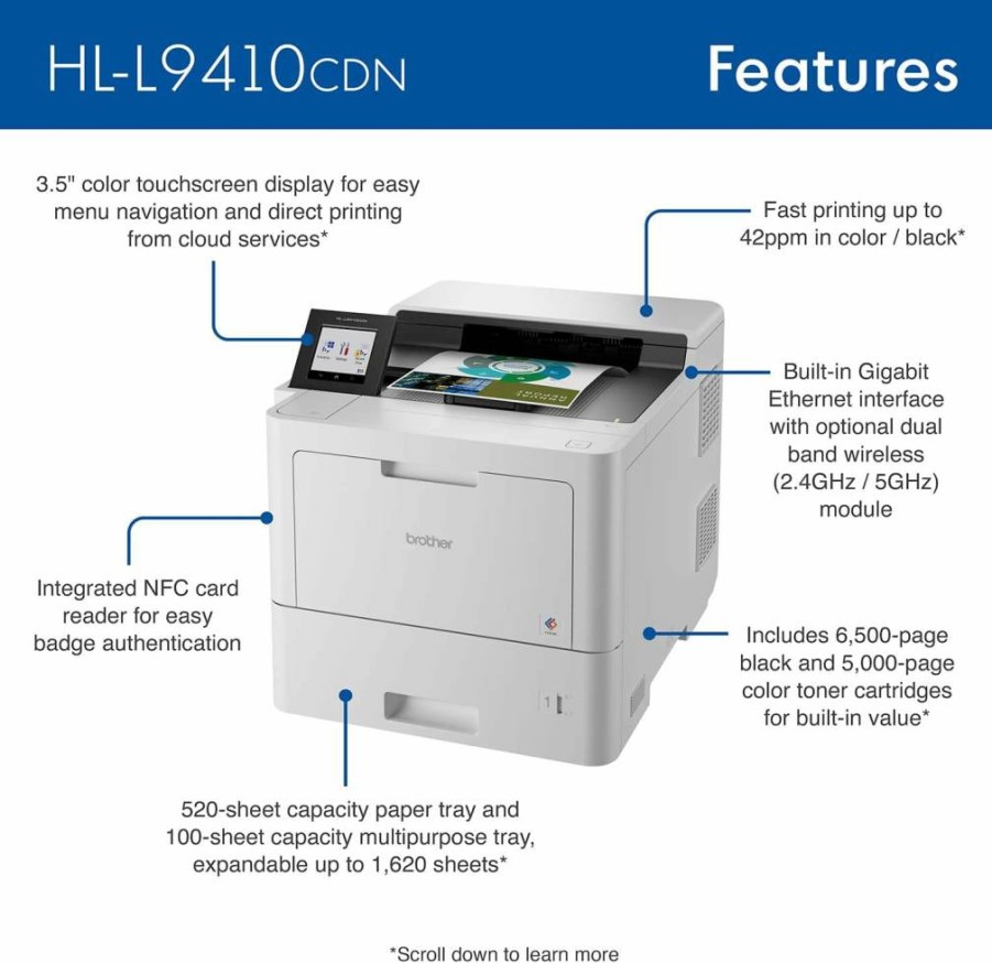 Brother HL-L9410CDN Color Laser Printer - High-Speed 40ppm, 650-Sheet Capacity, Advanced Security, Wireless Printing, White