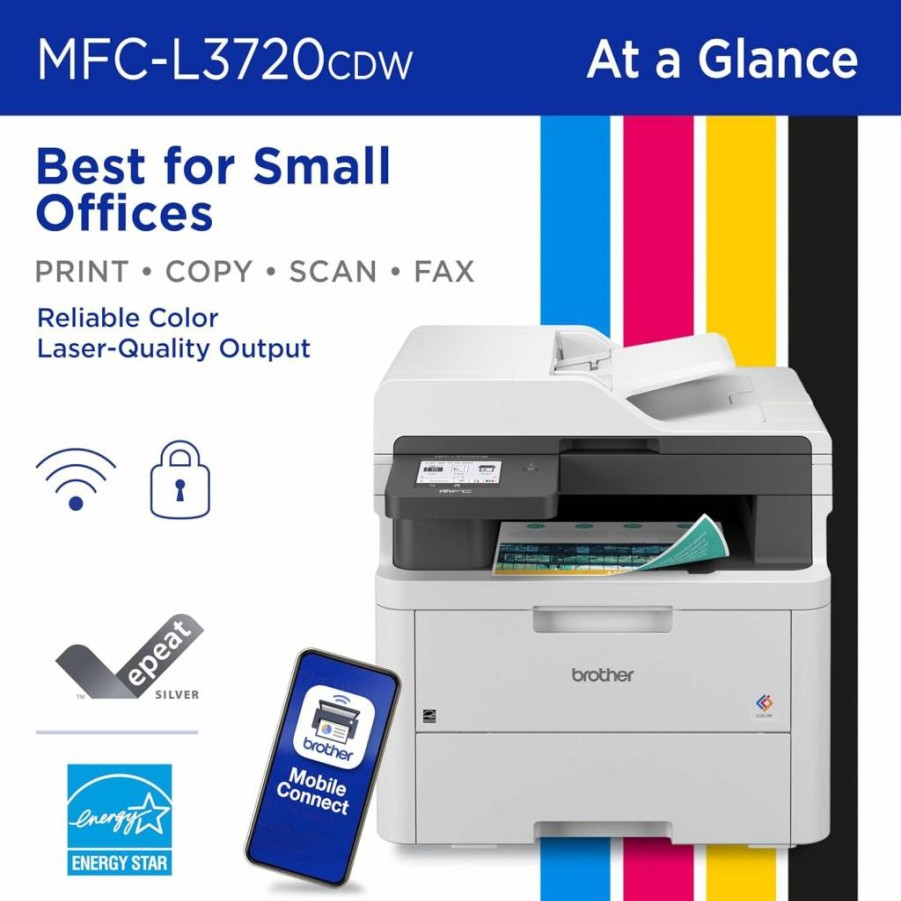 Brother MFC-L3720CDW Wireless Color Laser All-in-One Printer with Auto Duplex, 250-Sheet Tray, 2-Month Refresh Subscription, Alexa Compatibility for Home & Office