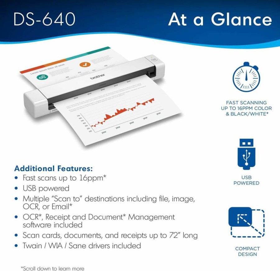 Brother DS-640 Portable Document Scanner | Compact & Mobile DS640 Model for On-the-Go Scanning