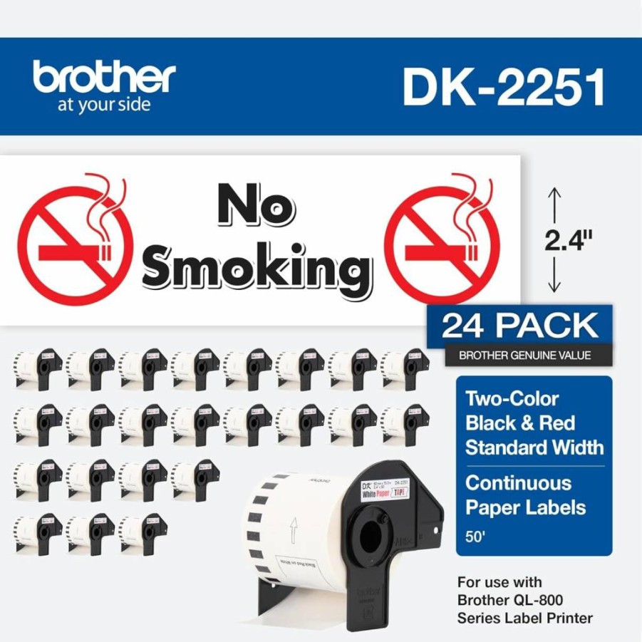 Brother DK-225124PK Continuous Length Label Tape, Black/Red on White, 2.4" x 50 Feet, 24 Rolls per Box, Genuine Replacement Labels