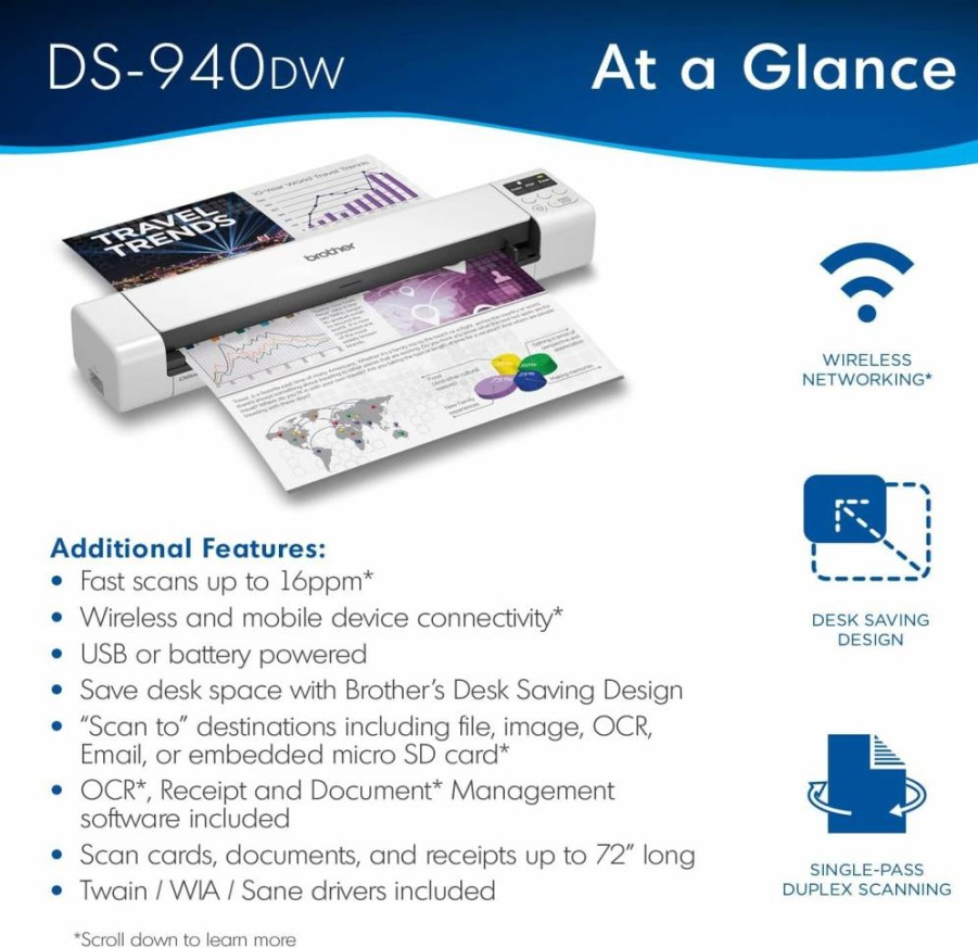 Brother DS-940DW Wireless Duplex Document Scanner with Compact Mobile Design