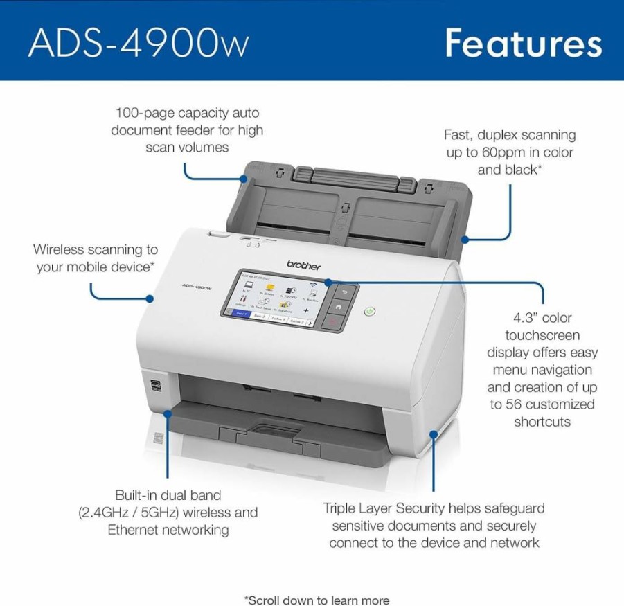 Brother ADS-4900W Wireless Desktop Document Scanner with Duplex Scanning, 50ppm Speed, 10.1" Touchscreen, White - Professional High-Speed Office Scanner