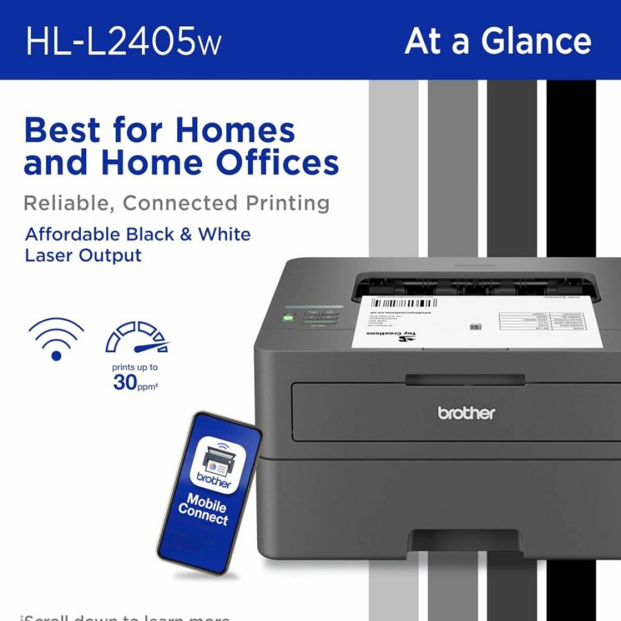 Brother HL-L2405W Wireless Monochrome Laser Printer with Mobile Printing, Alexa Compatibility, Compact Design & Free Trial Subscription for Black & White Output
