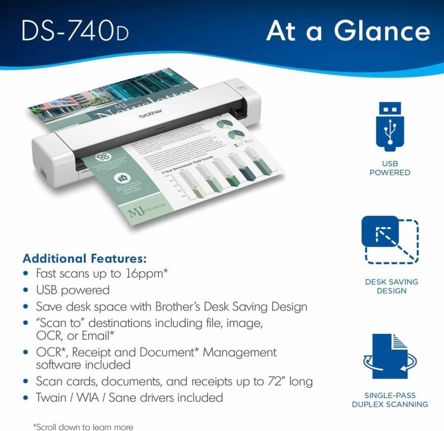 Brother DS-740D Duplex Document Scanner | Compact, Mobile, High-Speed Scanning for Office & Home