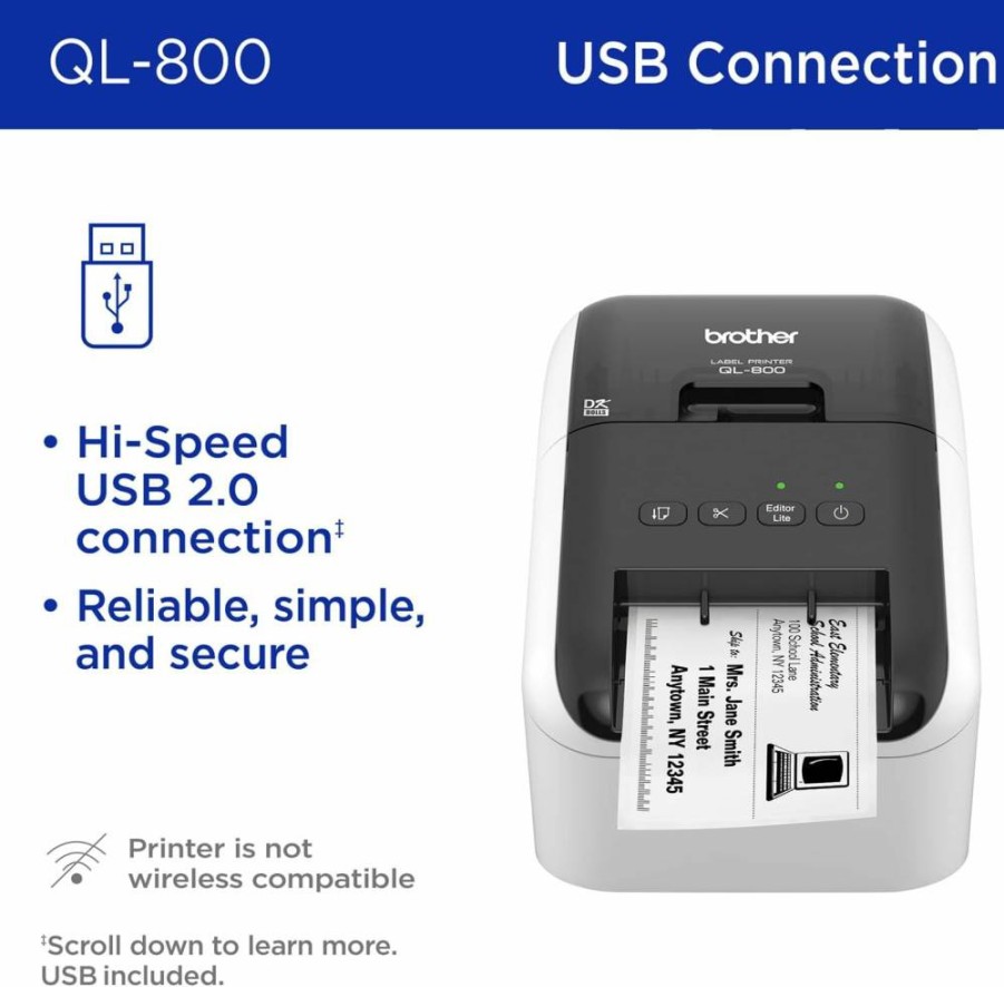 Brother QL-800 Professional Label Printer - High-Speed USB Plug & Print, Compatible with DK Labels, Multi-OS Support, Black & Red Printing