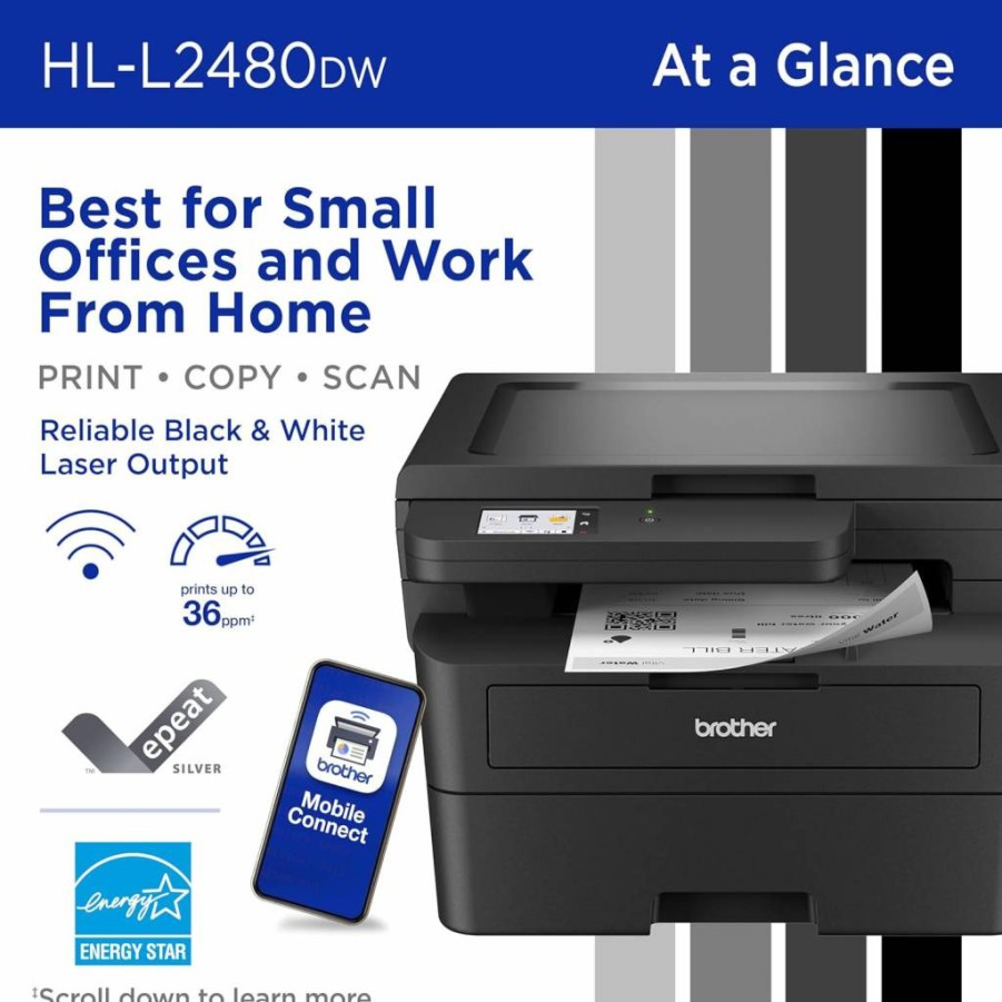 Brother HL-L2480DW Wireless Monochrome Laser Printer with Duplex Printing, Copy, Scan, Mobile Connectivity & Alexa Compatibility | Compact Design for Home Office