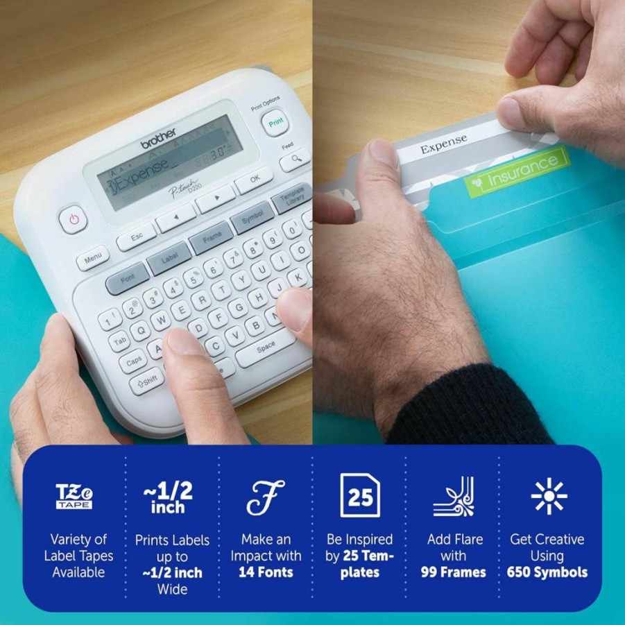 Brother PTD220 Label Maker | Prints 1/2-Inch TZE Tapes for Home & Office Use | White Label Maker