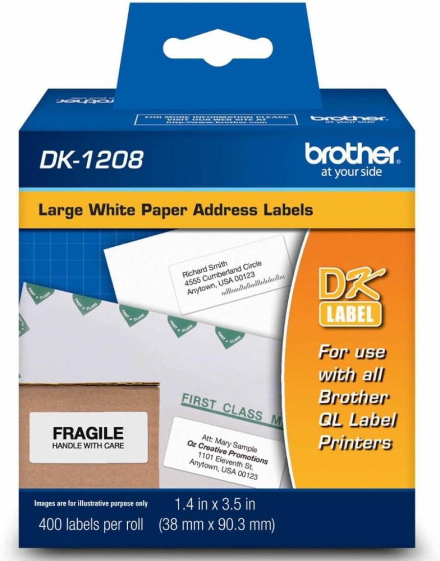 Brother DK-1208 White Address Labels - 1 Roll, 400 Die-Cut Large Labels for Long-Lasting Reliability (DK12083PK)