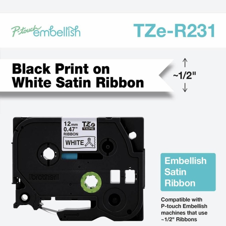Brother P-Touch Embellish TZe-R931 Satin Ribbon - Silver on Black, 9mm Width x 13.1ft Length, Compatible with P-Touch Label Printers