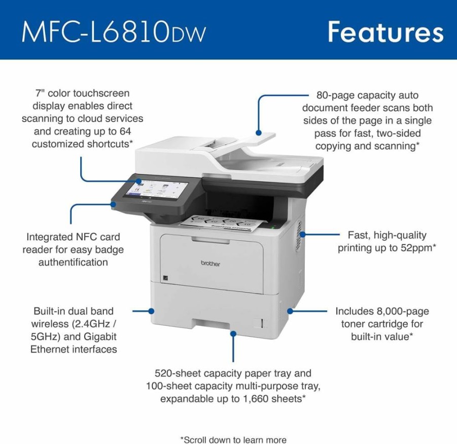 Brother MFC-L6810DW Wireless Monochrome Laser All-in-One Printer with Duplex Printing, Large Paper Capacity, Scan, Copy & Alexa Compatibility