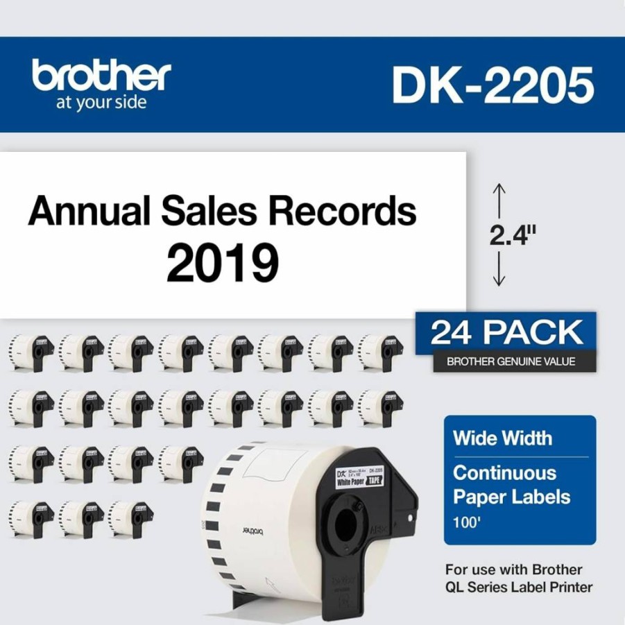 Brother DK-2205 Genuine Continuous Paper Label Roll, 2.4" x 100 ft, Cut-to-Length Labels, 1 Roll per Box, Compatible with Brother Label Printers
