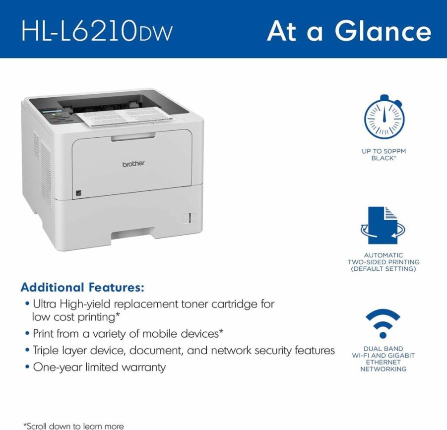 Brother HL-L6210DWT Wireless Monochrome Laser Printer with Duplex Printing & Dual Paper Trays - White Business Printer
