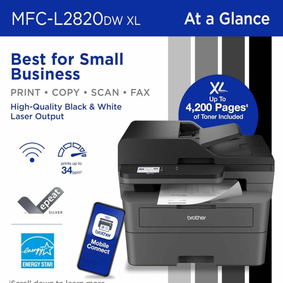 Brother MFC-L2820DW Wireless Monochrome Laser Printer with Copy, Scan, Fax, Duplex Printing & Alexa Compatibility | Includes 4200-Page Toner