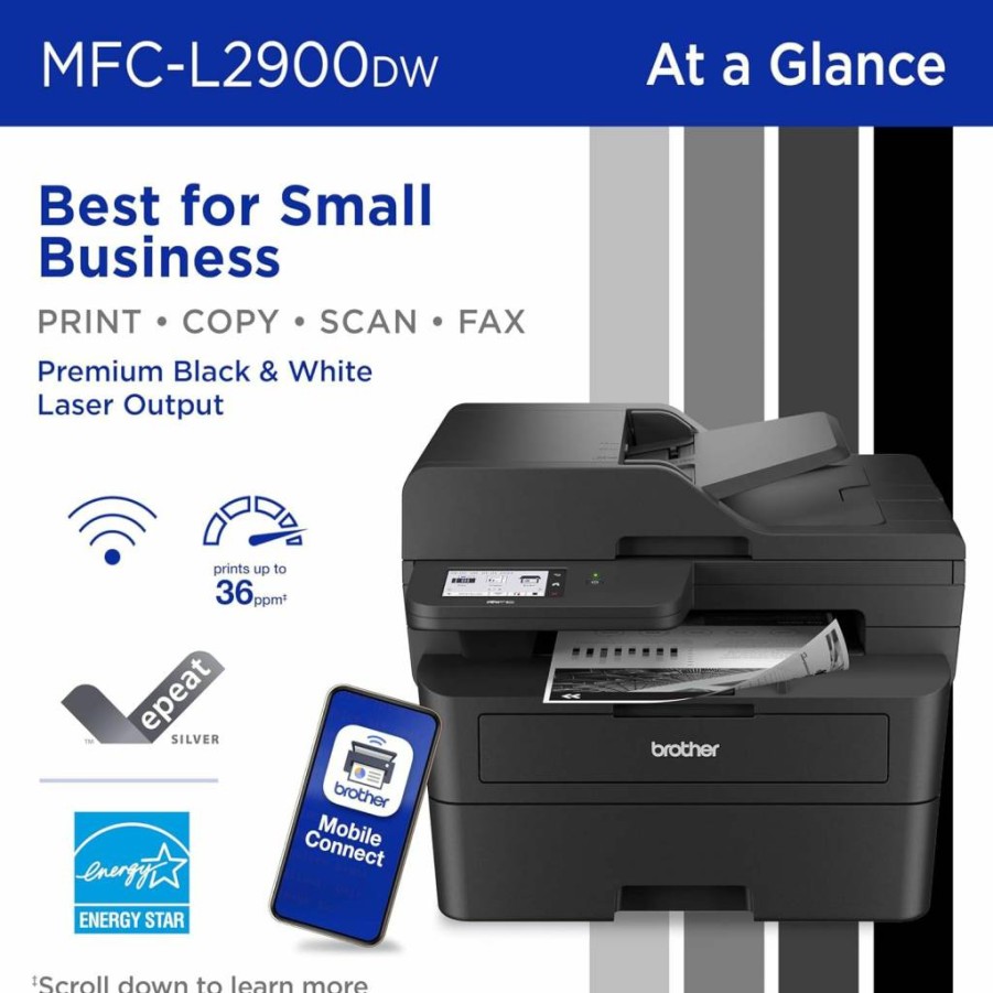 Brother MFC-L2900DW Wireless Laser Printer with Scanner, Duplex Printing, 3.5" Touchscreen, Cloud & Alexa Compatible for Small Business