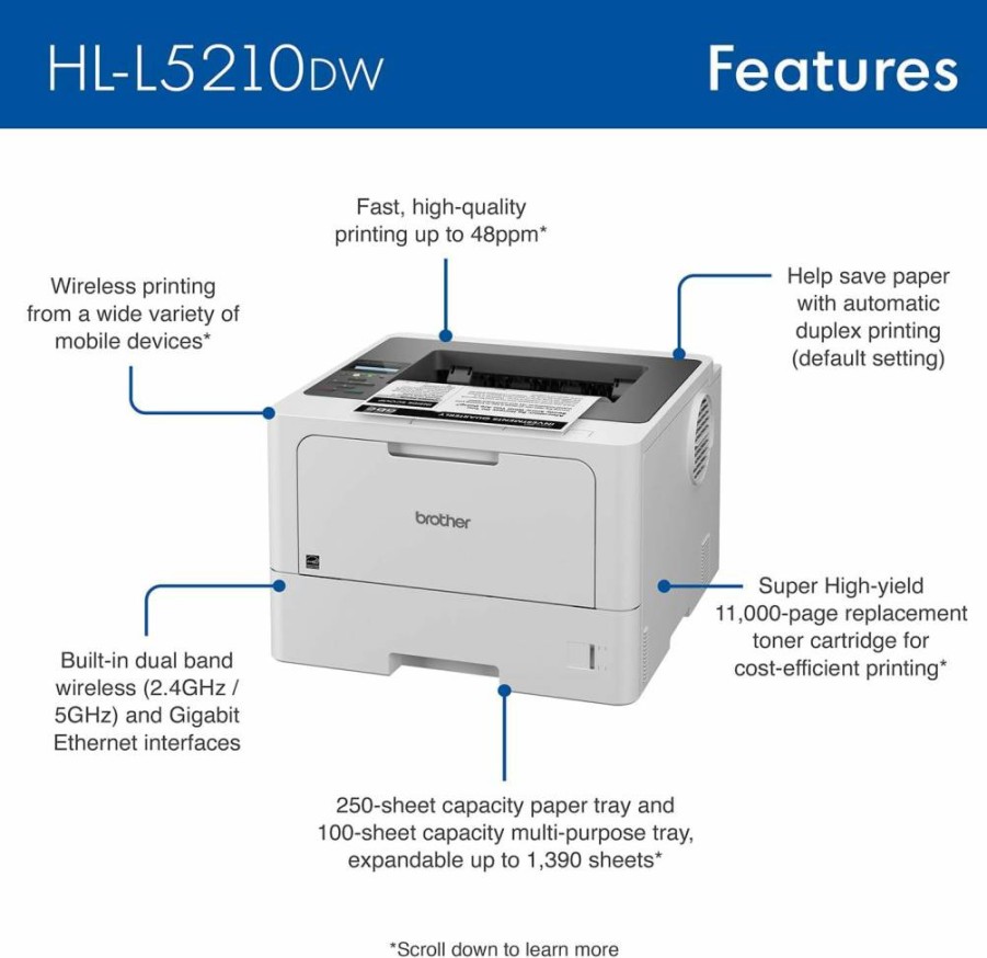Brother HL-L5210DN Monochrome Laser Printer with Duplex Printing, Mobile & Alexa Compatibility, Gigabit Ethernet, High-Speed Business Printing