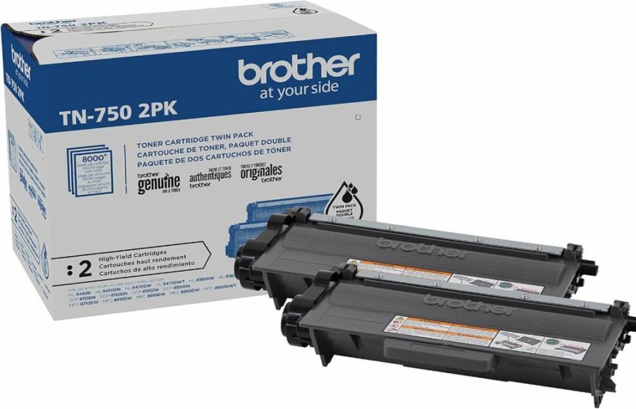 Brother TN750 High-Yield Black Toner Cartridge Twin Pack (2-Pack) - Genuine OEM Compatible for Brother Printers