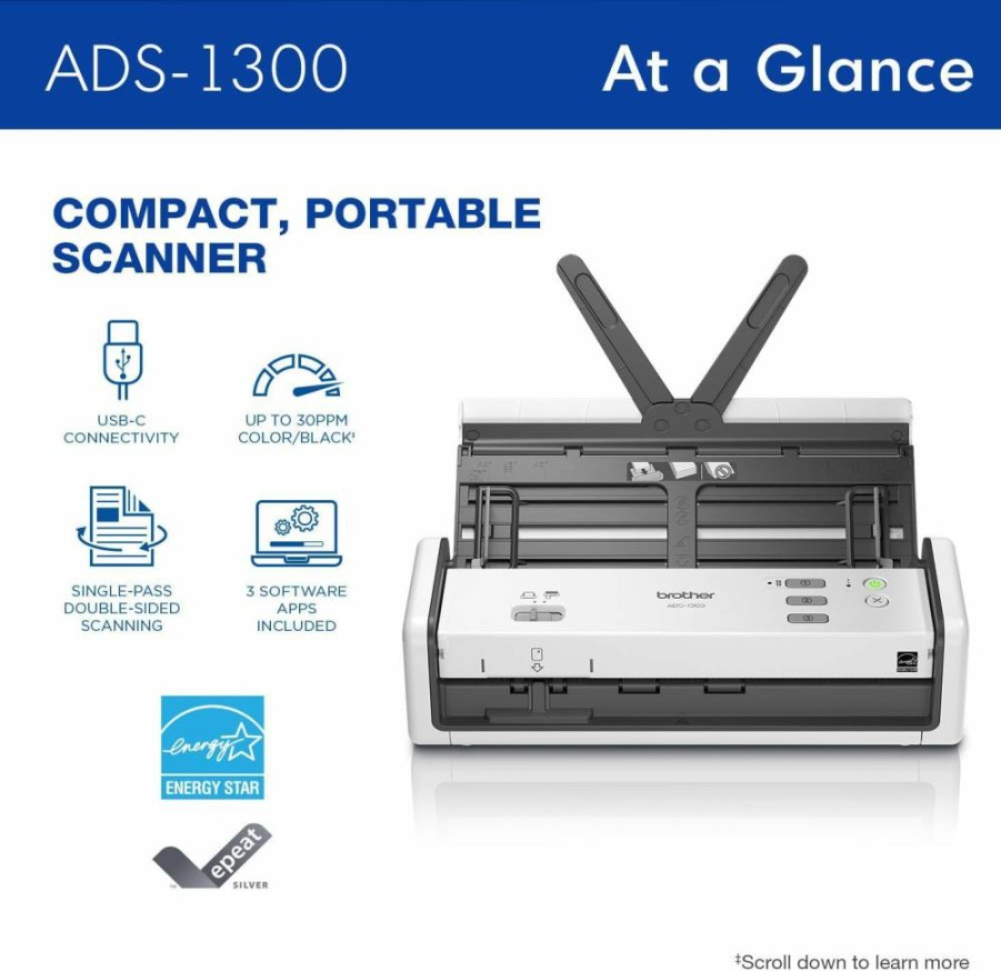 Brother ADS-1300 High-Speed Desktop Scanner | 30ppm Single-Pass Duplex Scanning | Compact Document Scanner for Office & Home