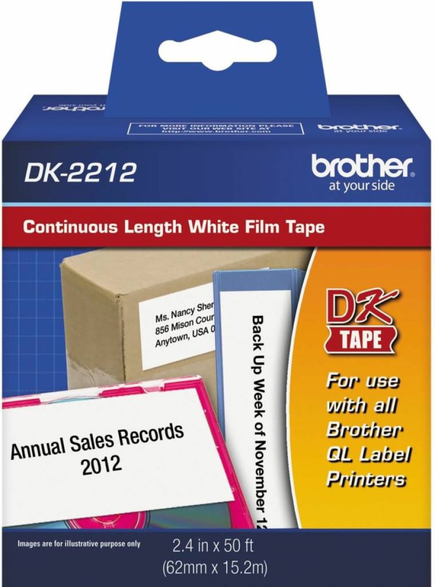 Brother DK-2212 Genuine Black on White Label Tape - 2.4" x 50' (62mm x 15.2m) Continuous Length Film for QL Series Printers - 1 Roll per Box