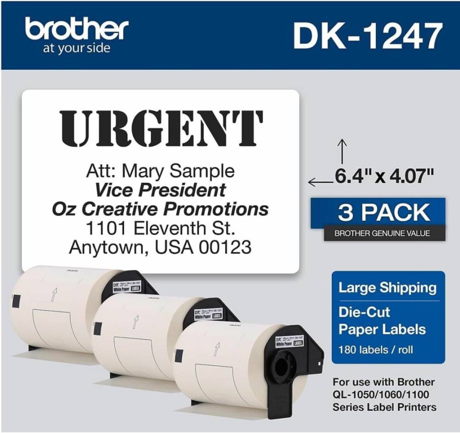 Brother DK-1247 Genuine Large Shipping Labels for QL Printers, 4.07" x 6.4" (103mm x 164mm), 180 Labels per Roll, White Die-Cut Paper Labels