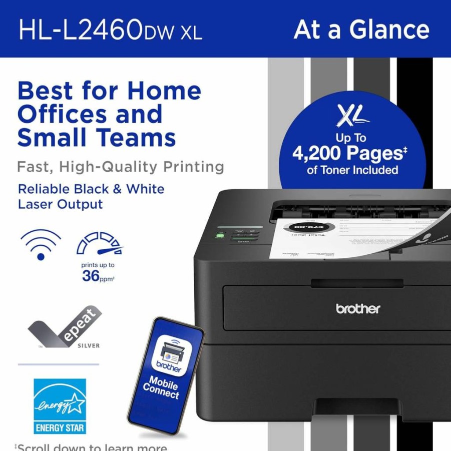 Brother HL-L2460DW Monochrome Laser Printer with Wireless Printing, Duplex, XL Paper Capacity