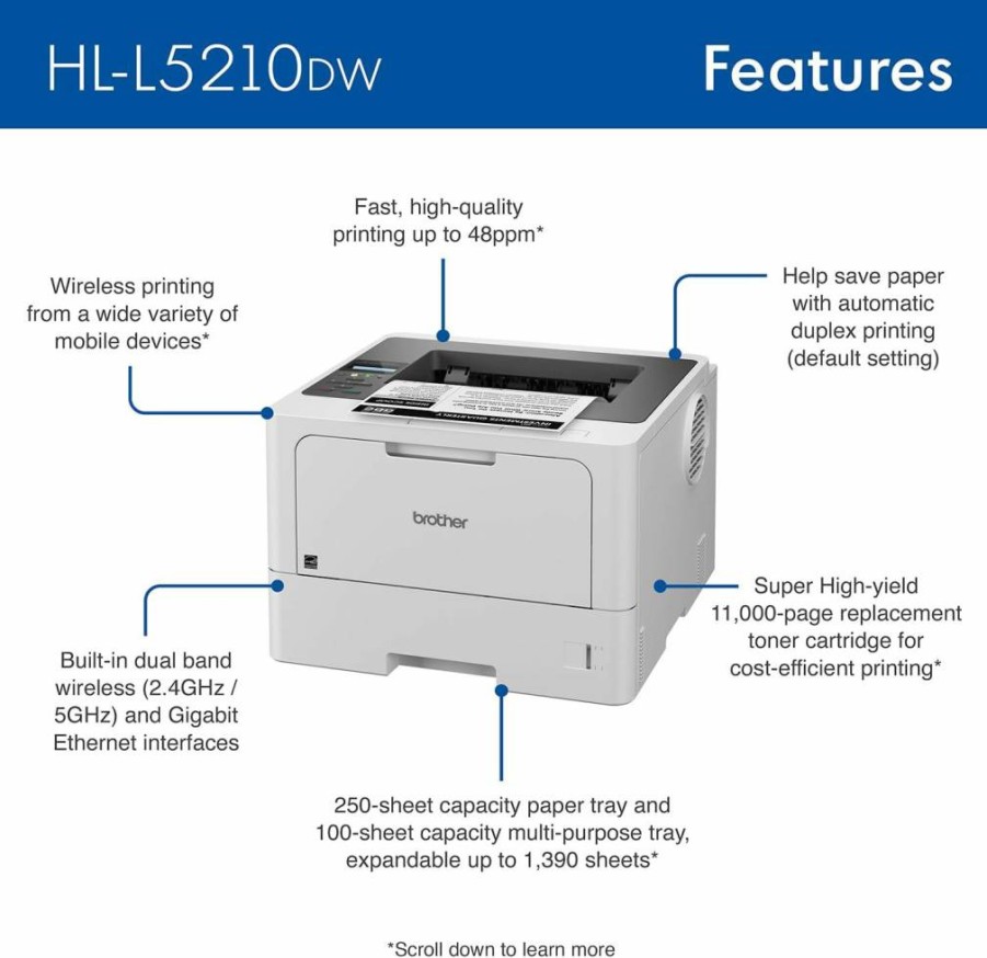 Brother HL-L5210DN Premium Renewed Monochrome Laser Printer with Duplex Printing, Mobile & Ethernet Networking, High-Speed Business Printer