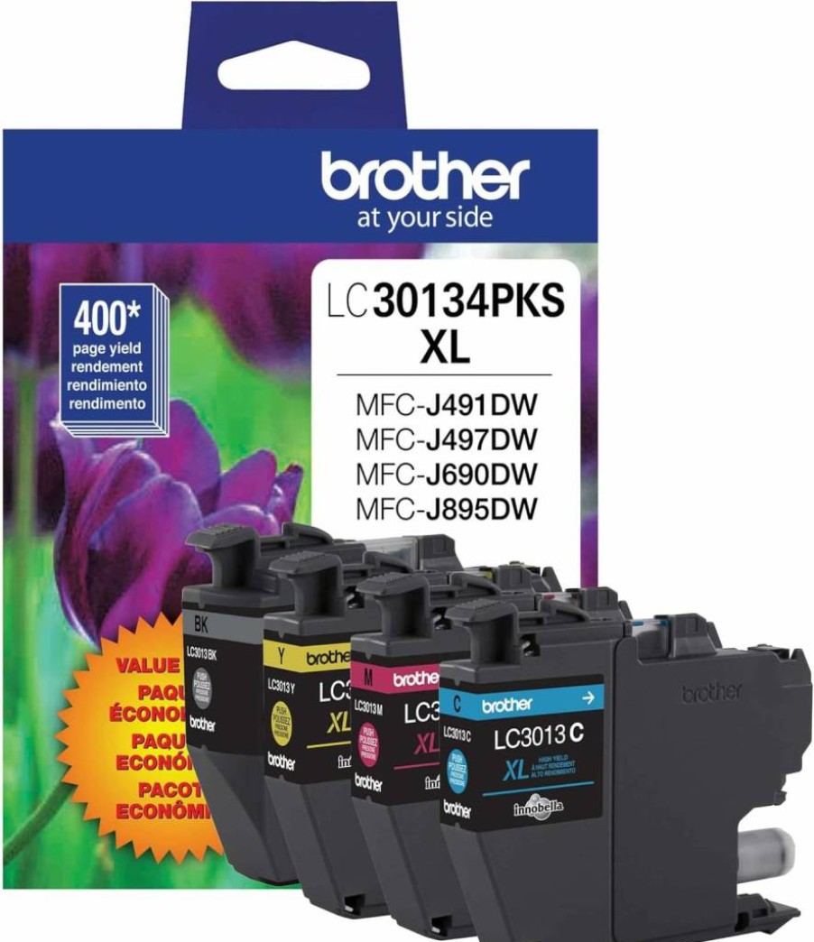 Brother LC3013 High Yield 4-Pack Color Ink Cartridges - Black, Cyan, Magenta, Yellow - Up to 400 Pages per Cartridge - Genuine Brother Ink