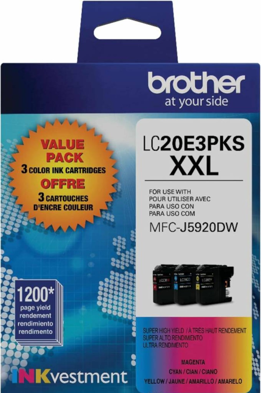 Brother LC20E High Yield Color Ink Cartridge 3-Pack - Cyan, Magenta, Yellow | 1200 Pages per Cartridge | Genuine Brother Replacement Ink
